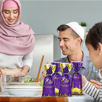 Whaline 150Pcs Eid Mubarak Cellophane Candy Bags Purple Eid Ramadan Castle Cello Plastic Bags with 200Pcs Silver Gold Twist Tie Muslim Theme Goody Treat Bags for Party Favor Supplies, 3 Designs
