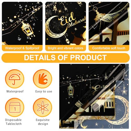 PHOGARY Eid Decorations 2 Pcs Eid Mubarak Tablecloth, Ramadan Mubarak Tablecloth Disposable Rectangle Plastic Ramadan Kareem Table Covers for Eid Al-fitr Party Ramadan Decorations 54" X108", Black