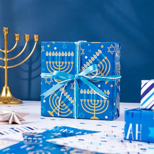 RUSPEPA Hanukkah Wrapping Paper Sheets, Star of David, Menorah, Happy Hanukkah and Stripe Design, Blue and Gold Gift Wrap for Christmas, Holiday, Birthday, 6 Folded Sheets, 19.68 X 27.5 Inch - color: Blue Hanukkah