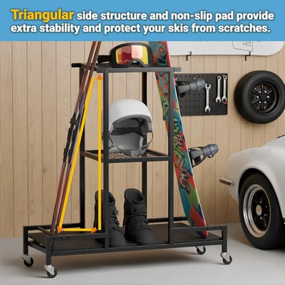 Standing Ski Storage Rack | Holds Snowboards & Skis, 3-Tier Organizer for Gear, Black - Ski Rack for Garage with Anti-Slipmat - style: with Anti-Slipmat