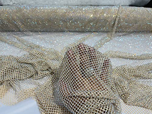 New Creations Fabric & Foam Inc, 45" Wide AB Iridescent Rhinestone On Soft Stretch Fish Net Fabric by The Yard (1 Yard, Iridescent Rhinestones on Nude Mesh) - color: Iridescent Rhinestones on Nude Mesh