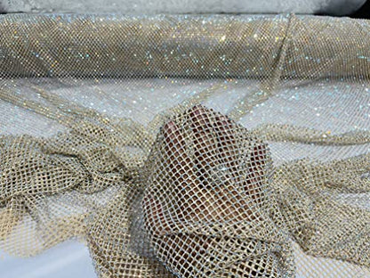 New Creations Fabric & Foam Inc, 45" Wide AB Iridescent Rhinestone On Soft Stretch Fish Net Fabric by The Yard (1 Yard, Iridescent Rhinestones on Nude Mesh) - color: Iridescent Rhinestones on Nude Mesh