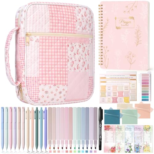 XKDOUS Bible Cover Case for Women Bible Bag Journaling Kit w/Study Supplies - color: Patchwork Pink With Journal, size: XL