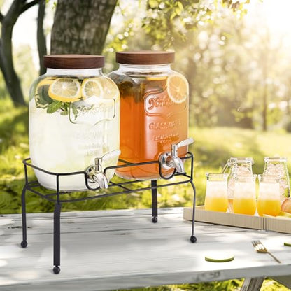 mustry Glass Drink Dispenser for Parties, 1 Gallon Beverage Dispenser with Stand and Spigot Solid Stainless Steel, Used as Lemonade Dispenser Sun Tea Jar Kombucha Jar, Set of 2 - size: Double, with Stand