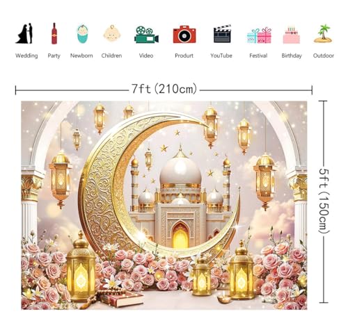 Ramadan Mubarak Backdrop for Photography 7x5FT Pink Flowers Islamic Muslim Lantern Gold Crescent Moon Castle Background Eid Mubarak Banner Decorations Photo Props