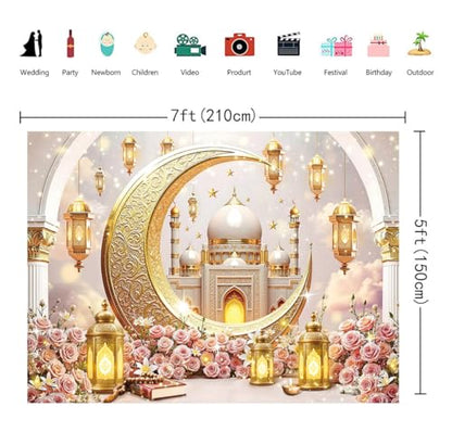 Ramadan Mubarak Backdrop for Photography 7x5FT Pink Flowers Islamic Muslim Lantern Gold Crescent Moon Castle Background Eid Mubarak Banner Decorations Photo Props