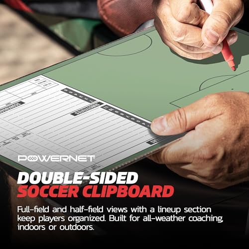 PowerNet Soccer Pro Coaching Board, Dry Erase Magnetic Clipboard, Built-in Line Up Card, Double Sided Weatherproof Soccer Coaching Board, Includes 2 Dry Erase Markers - style: Soccer