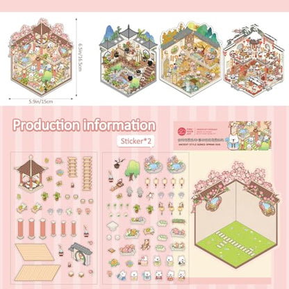 Girls 3D Miniature Scene Stickers, 4 Sets Chinese Courtyard DIY House Stickers for Lunar New Year, Spring, Summer, Auturn, Cute 3D Cartoon Sticker Scenes for Adult Kids Relief Stress Pass The Time - style: Chinese Style