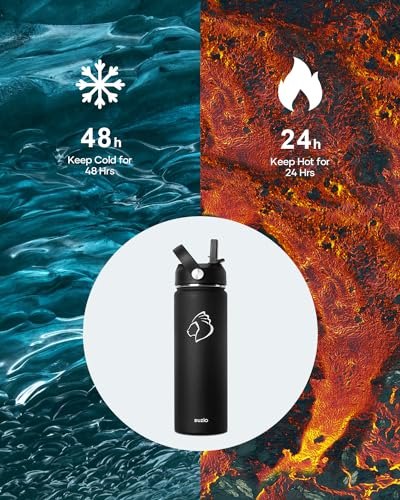 BUZIO 24 oz Insulated Water Bottle, Stainless Steel Wide Mouth Water Flask with Straw Lid, Cold for 48 Hrs Leak Proof Metal Hydro Thermo Canteen Mug, Black - color: Black, size: 24 Ounces