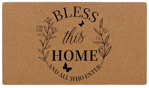 Bless This Home and All Who Enter Doormat, Blessed Door Mat for Indoor Entrance, Christian Welcome Mat for Front Door, Bible Verse Religious Rustic Artificial Coir Outdoor Decor Doormat 30x17in - color: Bless This Home