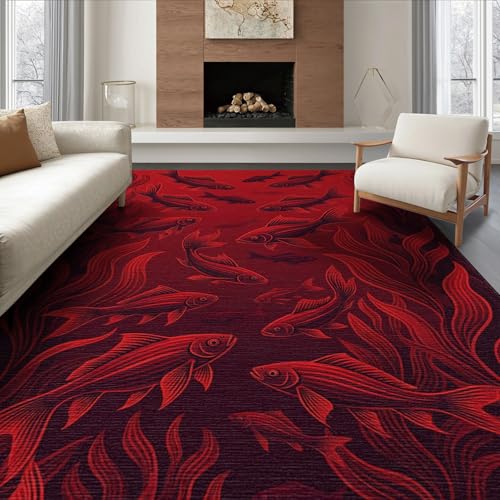 6'x9' Washable Graphic Fish Area Rug, Red Foldable Non-Slip Large Carpet Foldable Easy Care Carpet for Queen Size Bedroom, Under Bed, Master Bedroom | Ref:1908905 - color: Red/Pattern 25, size: 6' x 9' (Rectangular)