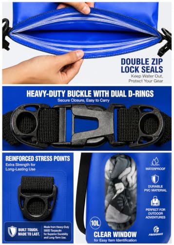 Freegrace Waterproof Dry Bag Set of 3 - Submersible Dry Sack with Double Zip Lock Seals - Includes Waist Pouch & Phone Case - Perfect for Kayaking, Swimming, Boating & Rafting (Navy Blue(Window), 5L) - color: Navy Blue, size: 5L, style: Window