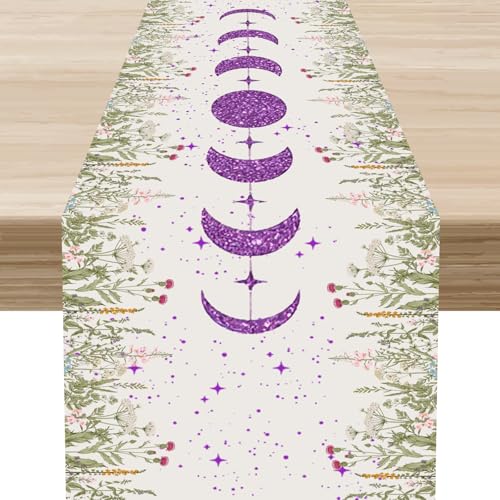 Boho Floral Table Runner, Rustic Farmhouse Purple Spring Wild Flower Moon Phase Star Mystical Table Decor for Home Kitchen Dining Patio Holiday Party Indoor Outdoor Table Decorations 13x36 inch - color: Fmoon-6, size: 13x36" Table Runner