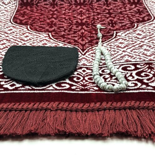 ESERRA Velvet Prayer Mat All in One Set for Islam - Thick Muslim Prayer Rug, Black Kufi Hat, Jasper Stone 33 Prayer Beads, Cotton Travel Case - Islamic Gifts (Red) - color: Red