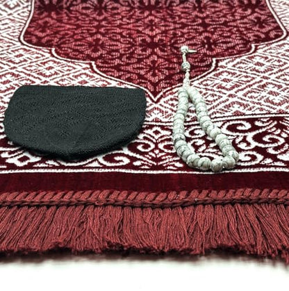 ESERRA Velvet Prayer Mat All in One Set for Islam - Thick Muslim Prayer Rug, Black Kufi Hat, Jasper Stone 33 Prayer Beads, Cotton Travel Case - Islamic Gifts (Red) - color: Red