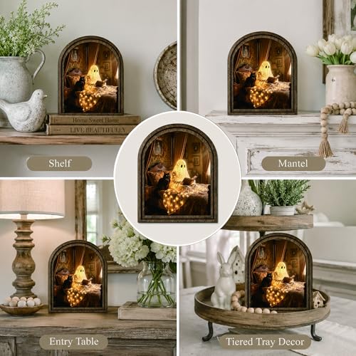 Reading Ghost Arched Decor, Halloween Cat Table Sign, 5.9x7.9 - color: Reading Ghost