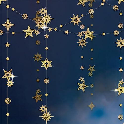Cheerland Glitter Gold Star Garlands Star Party Decoration Celestial Streamer Space Birthday Decorations Galaxy Backdrop Hanging Stars Moon Garland Ramadan EID New Year Eve Graduation Decor - color: Gold