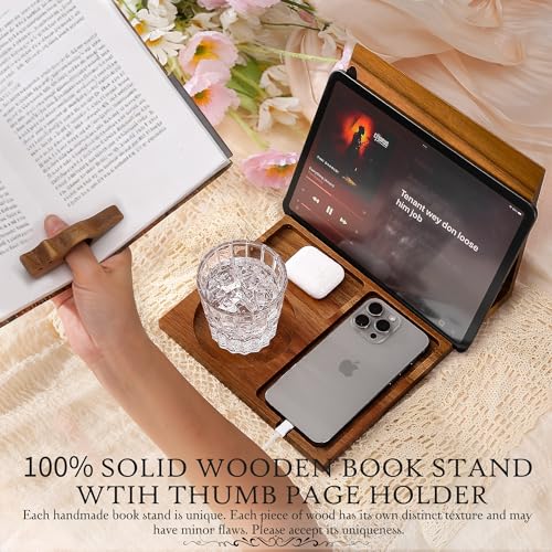 Book Holder Stand for Reading Rest, Wooden Foldable Book Rest with Book Page Holder, Cup, iPad & Phone Stand, Book Nook Reading Valet Desktop Triangle Bookstand Bookshelf for Readers Bookworms Gifts - color: Cat