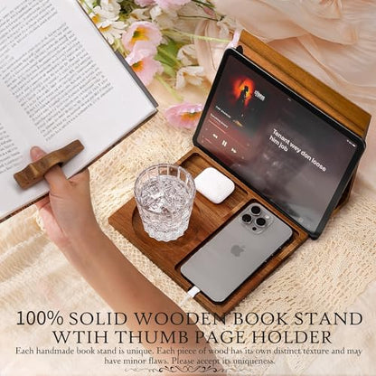 Book Holder Stand for Reading Rest, Wooden Foldable Book Rest with Book Page Holder, Cup, iPad & Phone Stand, Book Nook Reading Valet Desktop Triangle Bookstand Bookshelf for Readers Bookworms Gifts - color: Cat