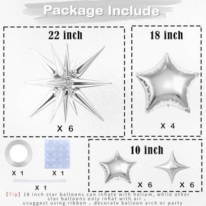 22 Pcs Silver Star Balloons,22/18/10 Inch Star Foil Mylar Balloon - color: Silver