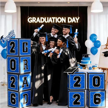 2026 Graduation Decorations, 4Pcs Graduation Boxes with 60pcs Blue Gold Balloons for College, High School, Prom Party Supplies