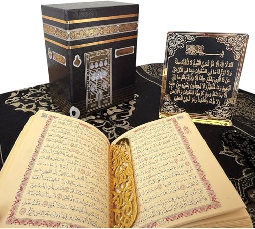 SAIKA Muslim Prayer Rug, Islamic Gift Set, Velvet Full Arabic Quran, Elegant Kaaba Design Box, Ayat El Kursi Table Top, Prayer Beads, Bookmark, Janamaz, Salah Mat (KAABA) - style: KAABA