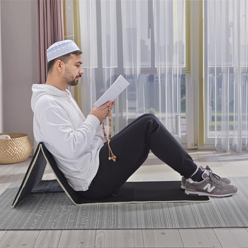 Foldable Muslim Prayer Mat with Back Rest Support, Thick Padded Islamic Prayer Rug, Travel Portable Carpet for Women Men, janamaz, Sajadah, Meditation Prayer Ramadan Eid Gift with Hat and 33 Beads - color: BLACK