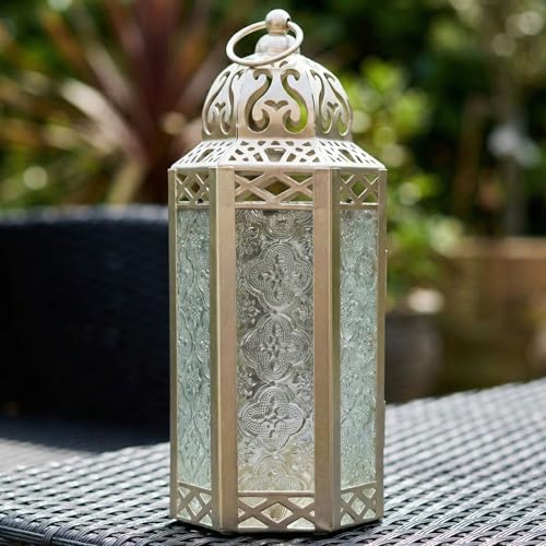 Vela Lanterns Decorative Indoor Moroccan Candle Holder, White Gold, M, 2PK | Ramadan Decorations for Home, Turkish Votive Pillar Lamp, Boho Champagne Tealight Centerpiece, Eid Diwali, 10.5in Tall