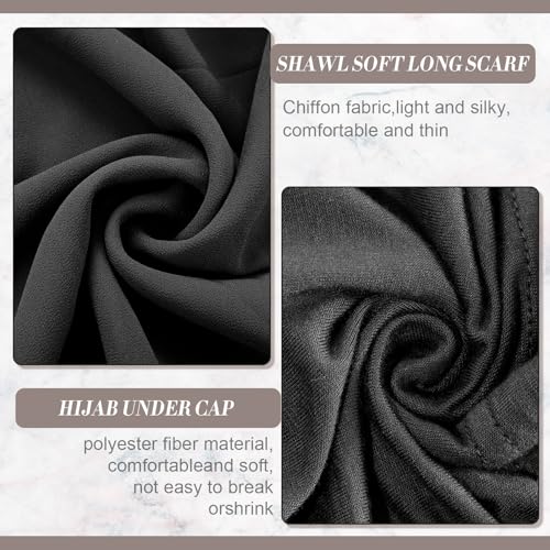 4 Pcs Women Solid Chiffon Hijab Scarves and Undercap Set Long Shawl Soft Wrap Scarves Muslim Inner Hijab Caps - color: Black, Dark Gray