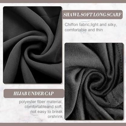 4 Pcs Women Solid Chiffon Hijab Scarves and Undercap Set Long Shawl Soft Wrap Scarves Muslim Inner Hijab Caps - color: Black, Dark Gray