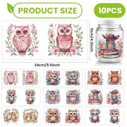 Arricraft 10 Sheets Owl UV DTF Cup Wrap for 16OZ Glass, Flowers Books Birds Rub on Decals Animal Theme PVC Transfer Stickers for DIY Cups Bottle Wood Furniture Garden Decor - style: Cute Owl