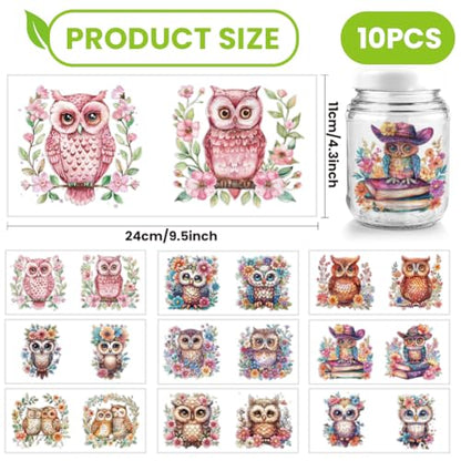 Arricraft 10 Sheets Owl UV DTF Cup Wrap for 16OZ Glass, Flowers Books Birds Rub on Decals Animal Theme PVC Transfer Stickers for DIY Cups Bottle Wood Furniture Garden Decor - style: Cute Owl