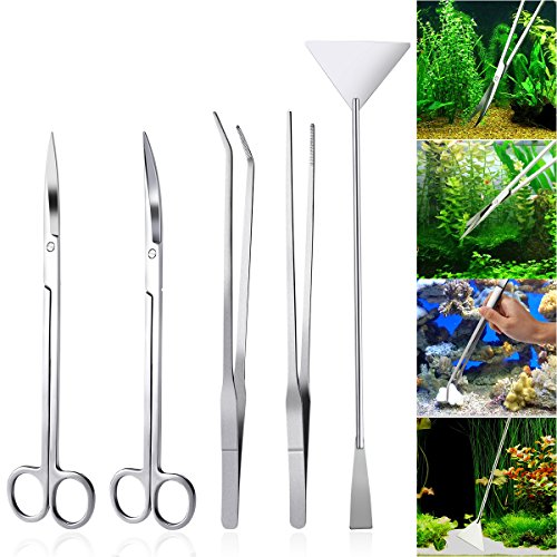 ZHONGJIUYUAN 5 in 1 Stainless Steel Aquarium Aquascaping Kit Aquarium Tank Aquatic Plant Tools Sets Tweezers Scissor Spatula