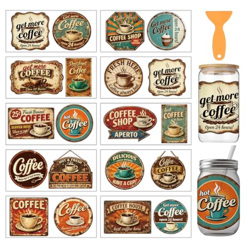 arricraft 10 Sheets Coffee Theme UV DTF Cup Wrap for 16OZ Glass, Retro Coffee Sign Rub on Decals PVC Transfer Stickers for DIY Cups Window Home Printing Decoration 24x11cm/9.4x4.3inch - style: Retro Coffee Sign Theme