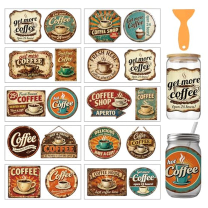 arricraft 10 Sheets Coffee Theme UV DTF Cup Wrap for 16OZ Glass, Retro Coffee Sign Rub on Decals PVC Transfer Stickers for DIY Cups Window Home Printing Decoration 24x11cm/9.4x4.3inch - style: Retro Coffee Sign Theme