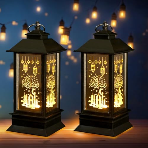Hying 2 Pieces Ramadan Lanterns Decoration 5.2" Height Size Hanging Lamp Eid Mubarak Flameless Candle Lanterns Moroccan Retro Lantern Ramadan Gifts Eid Mubarak Lamp for Home Tabletop Decor - color: Style 4: Eid Lantern