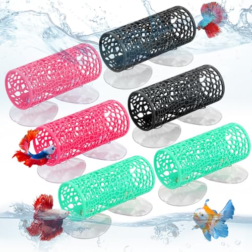 6 PCS Betta Fish Hammock, 4×2 Inch Betta Tunnel with Suction Cups Plastic | Small Hole Hollow Cave Fish Hide for Small Fishes, Shrimp, Reptiles, Aquarium Toys and Decorations-3 Colors
