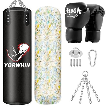 Filled Punching Bag for Adults, 4FT PU Leather Hanging Boxing Bag with 11lb Sponge Filler & 12OZ Boxing Gloves, Heavy Kicking Bag Boxing Equipment for MMA Training Karate Kickboxing - style: Boxing Arms