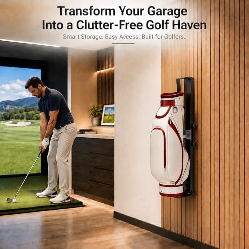 Golf Bag Wall Mount for Garage, Heavy Duty Wall Mounted Golf Bag Storage Rack Organizer Holder, 150 LBS Capacity, Fits 38-43 Inch,Space Saving Golf Club Hanger for Basement, Shed, Includes Drill Bits
