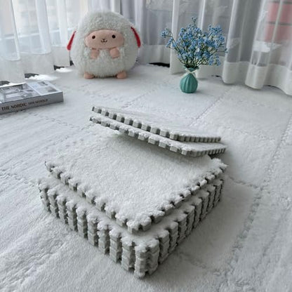 Gangdise 12 PCS Thickened Plush Interlocking Floor Mat Fluffy Square Tiles EVA Foam Matswith 16 Edgings Soft Anti-Slip Exercise Play Mat for Room (White) - color: White