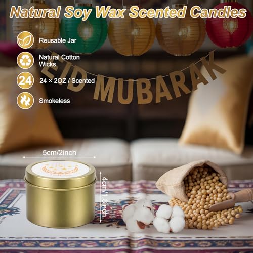 Nuanchu 24 Pack Eid Mubarak Scented Candles Gift 2 oz Golden Star and Moon Design Ramadan Aromatherapy Soy Wax Jars Lasting Bulk Favors for Home Islamic Holiday Party Decor - style: Golden Star Moon Design