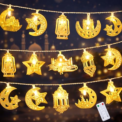 Ramadan Decorations String Lights, Metal Moon Star Battery Operated 10ft 20 LED Ramadan Lights with Remote, Timer & 8 Lighting Modes, Islamic Decor for Home Wall Fireplace Eid Mubarak Party - style: Ramadan Decorations