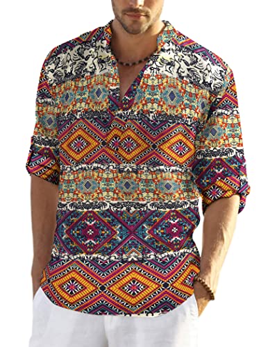COOFANDY Men's Cotton Linen Henley T-Shirt Long Sleeve Hippie Casual Beach T-Shirts - color: Geometric, size: Small
