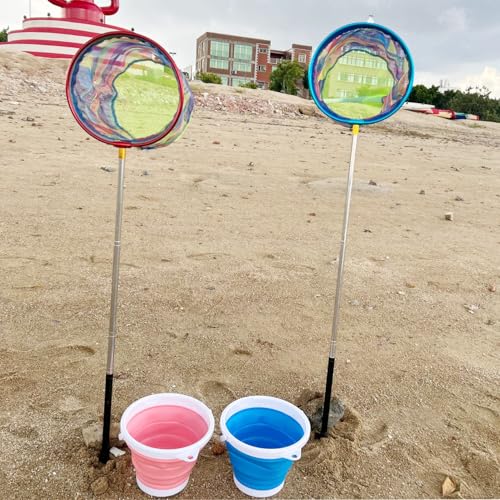 Fishing Nets with Bucket Fishing Retractable Landing Net Lightweight Aluminum Pole with Non-Slip Handle for Catch and Release and Release Frogs Butterfly Youth Outdoor - style: Blue + Pink