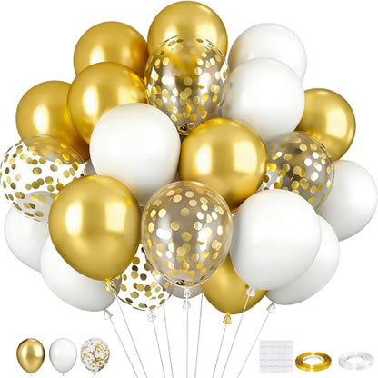 White Gold Balloons Set, 55pcs 12 Inch Metallic Gold and White Balloons Confetti Latex Balloon, Helium Party Balloon Set for Birthday Graduation Boho Wedding Baby Shower Party Decorations