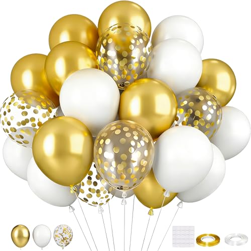 White Gold Balloons Set, 55pcs 12 Inch Metallic Gold and White Balloons Confetti Latex Balloon, Helium Party Balloon Set for Birthday Graduation Boho Wedding Baby Shower Party Decorations