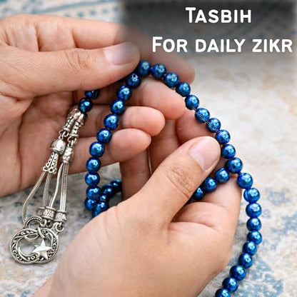 Amazing Gemstone Blue Hematite Tasbeeh with Moon and Star Charm - Certified Crystal Muslim Prayer Beads Natural Gemstone Tasbih Gift for Ramadan Dhikr and Daily Namaz (S) - color: Blue Hematite