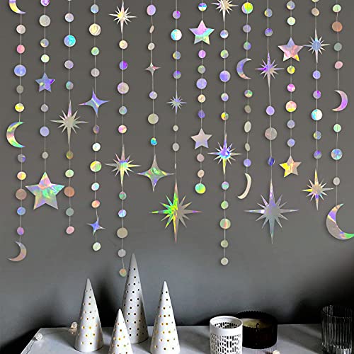 Iridescent Party Decorations Holographic Star Moon Circle Dot Garland Hanging Crescent and Twinkle Little Star Streamer Bunting Banner for Birthday Ramadan EID Mubarak Euphoria Karaoke Music Decor