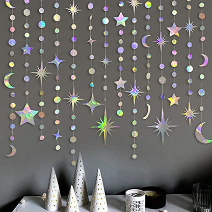 Iridescent Party Decorations Holographic Star Moon Circle Dot Garland Hanging Crescent and Twinkle Little Star Streamer Bunting Banner for Birthday Ramadan EID Mubarak Euphoria Karaoke Music Decor