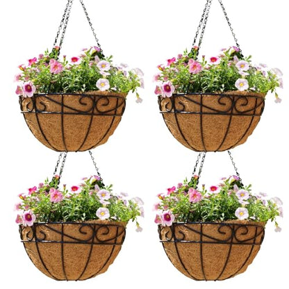 14 inch Metal Hanging Baskets For Plants Outdoor 4 Pack Round Metal Wire Hanging Basket Planter with Coco Fiber Liners Chain Round Wire Plant Holder for Garden, Patio, Deck, Porch Plants Flower Potss - size: 14 Inch, style: Flower Border